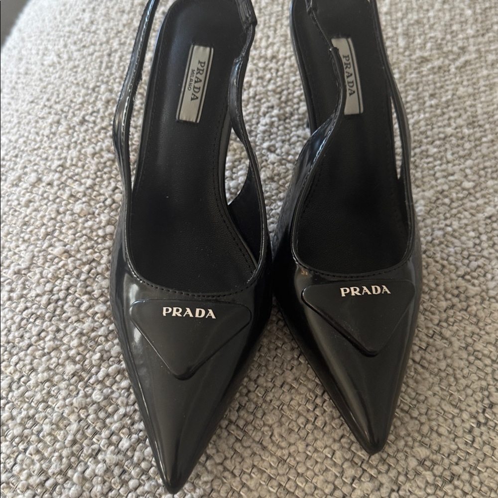 Prada Black Patent Leather Pointed-Toe Slingback Heels
